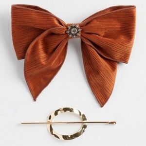 2 Piece Set - TORRID - Bow and Barrette Gold Tone Brown Fabric NEW